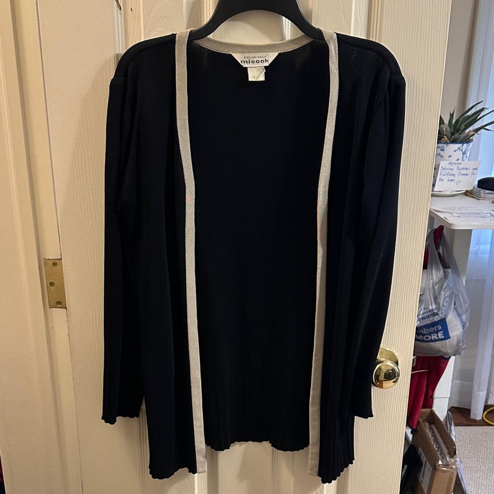 Misook Black Cardigan with White Trim